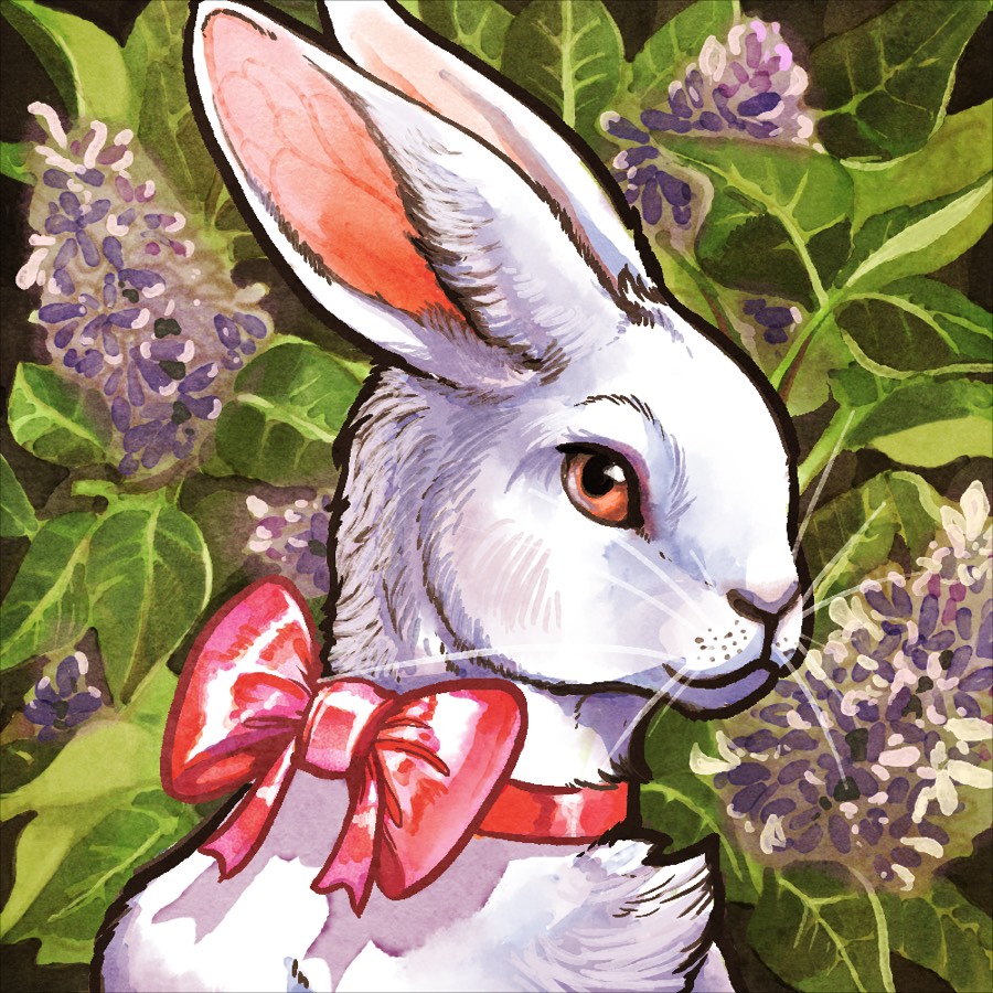 Watercolour of a white rabbit in a red bow among lilacs