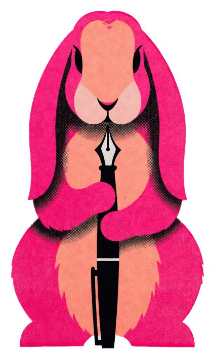 Risograph-style pink rabbit holding a fountain pen