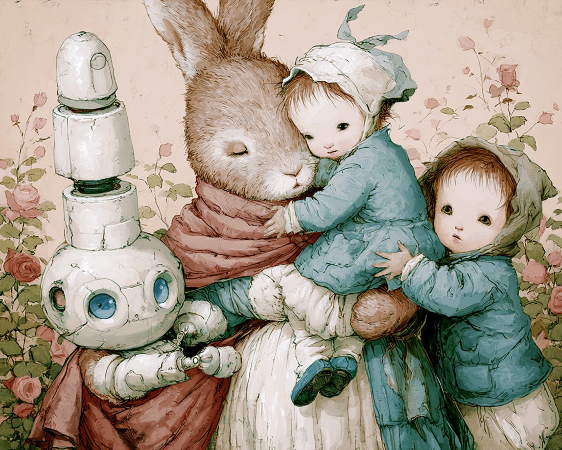 Illustration of a mother rabbit with two children and a small robot in a rose garden